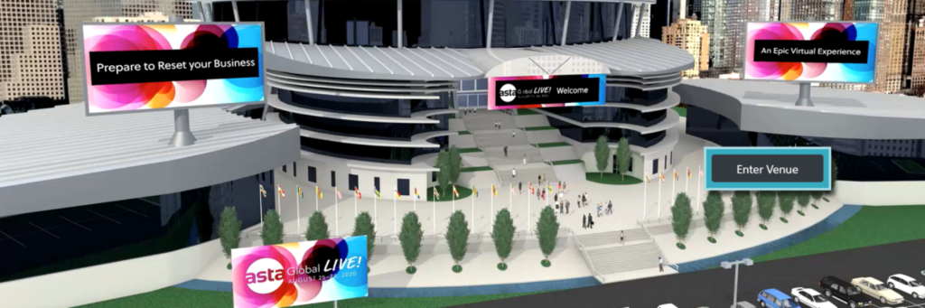 Virtual rendition of ASTA Global Live conference centre including signage and parking lot
